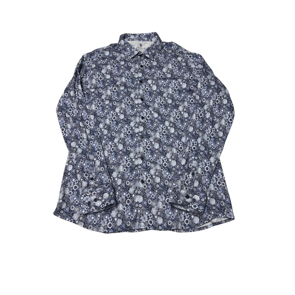 Desoto Mens 2XL Blue Geometric Floral Medallion Jersey Knit Button Down Shirt